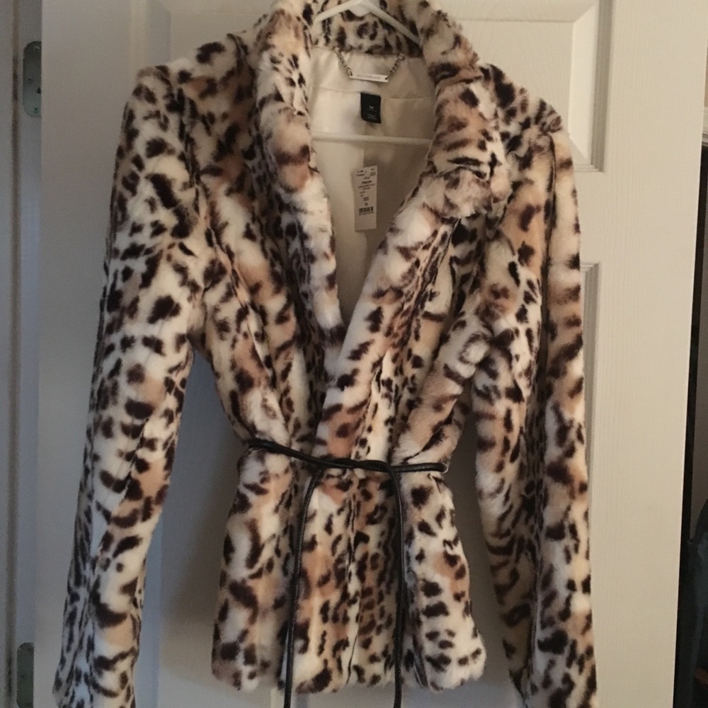 White House Black Market faux fur leopard coat.